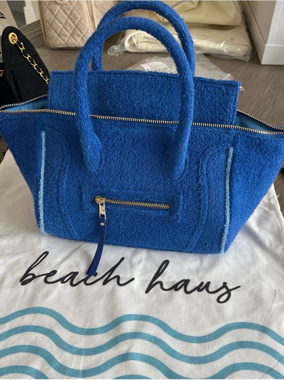 New Celine Blue terry cloth with blue trim Textured Tote Bag